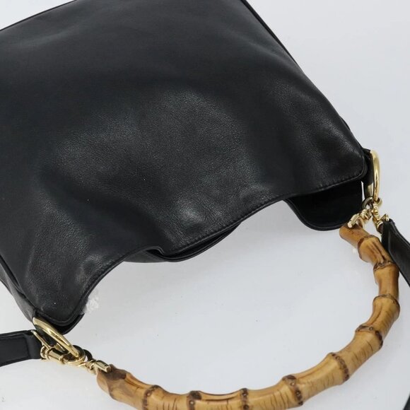 GUCCI Bamboo Shoulder Bag Leather 2way Black Gold 001 1638 Auth 142796 - Picture 6 of 16